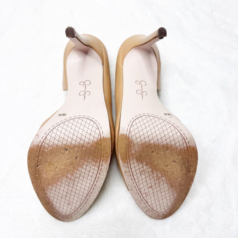 JESSICA SIMPSON Neutral Tan Leather Peep Toe Pumps High Heel Stiletto Shoes 9M - Picture 8 of 9